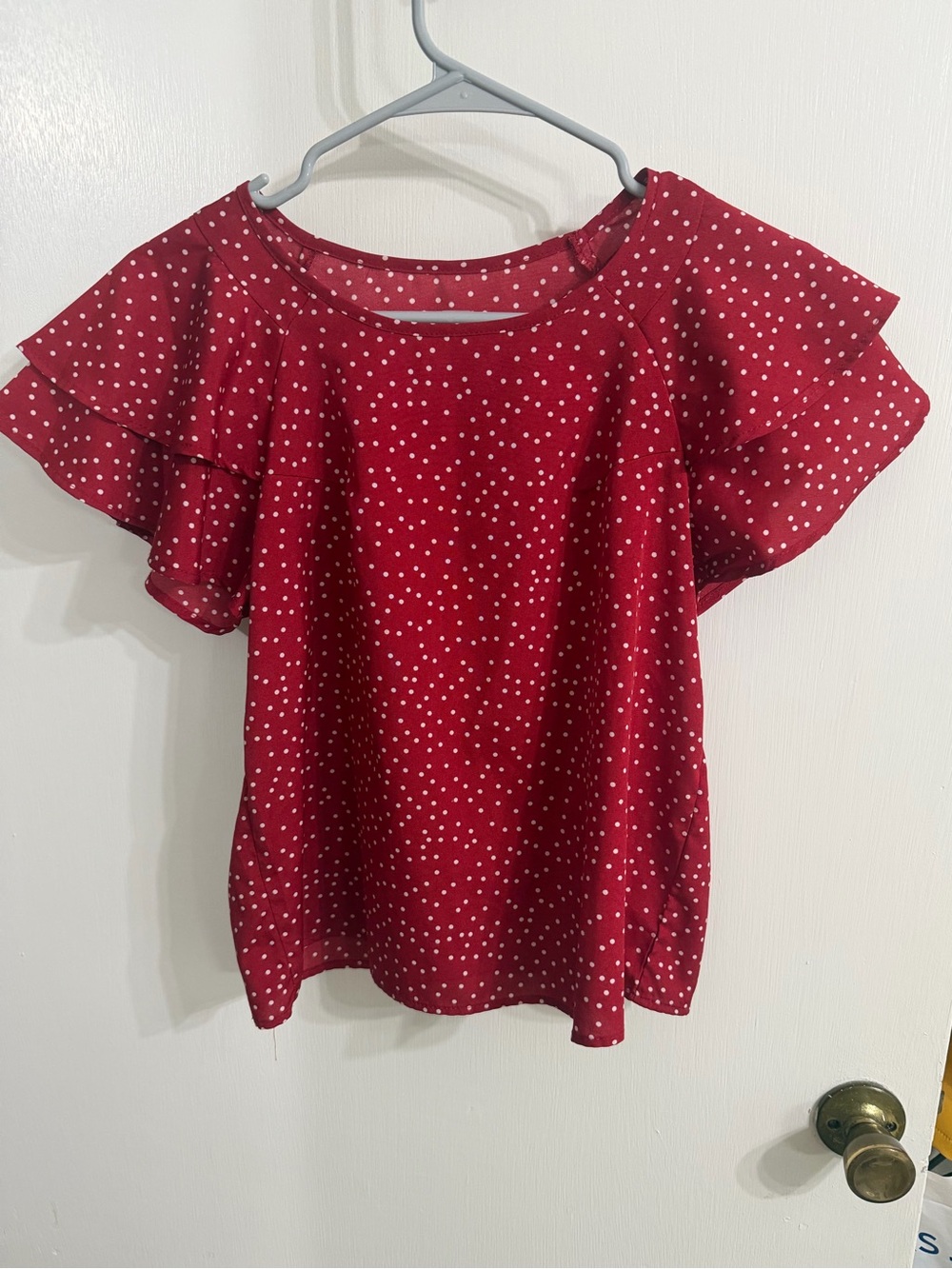 Red Polka Dot Flutter Sleeve Women's Top